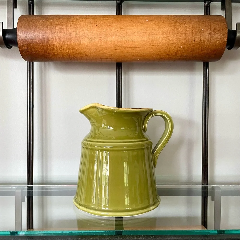 Sur La Table•5” Serving Pitcher•Hand-Painted•Olive Green~Butter Yellow Interior